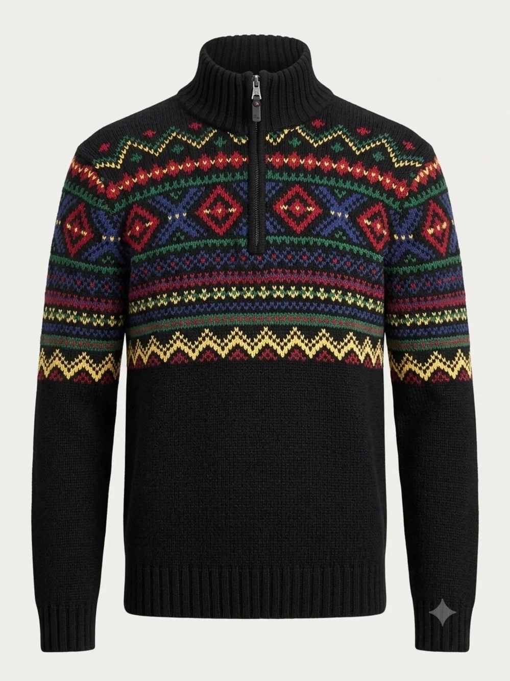 VTG Polo Ralph Lauren Youth XL Aztec Fair Isle Half Zip Sweater Black Cotton